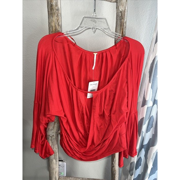 Free People Last Time Red Surplice Bell Sleeve Crop Top Size Large New With Tags - Picture 3 of 6